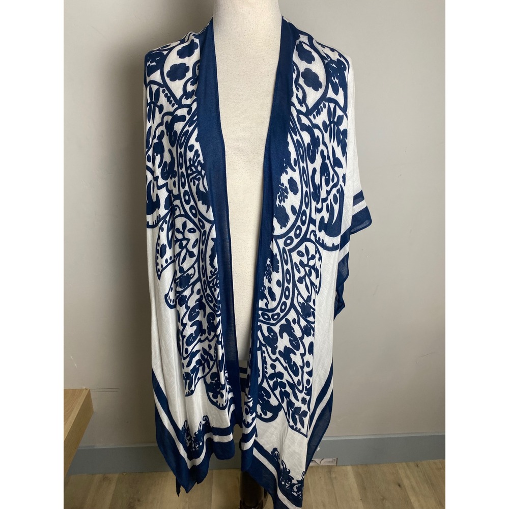 Breezy Lane Blue White Damask Paisley Kimono Wrap Viscose Swim Beach Cover Up OS